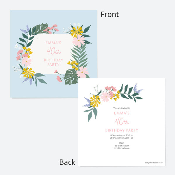 40th Birthday Invitations - Summer Botanicals - Floral Frame - Pack of 10