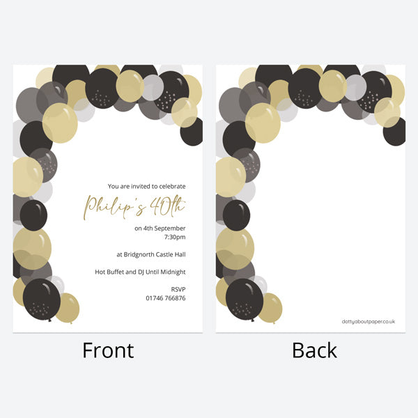 40th Birthday Invitations - Gold Balloon Arch - Pack of 10