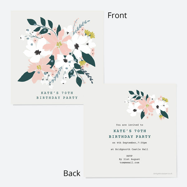 70th Birthday Invitations - Blush Modern Floral - Bouquet- Pack of 10