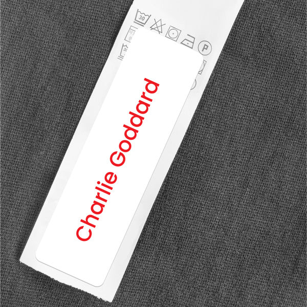 Medium Personalised Stick On Waterproof (Equipment) Name Labels - White with Red Text - Pack of 36