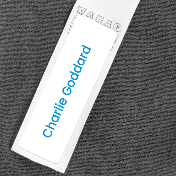 Medium Personalised Stick On Waterproof (Clothing/Equipment) Name Labels - White with Blue Text - Pack of 36