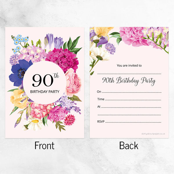 90th Birthday Invitations - Bright Summer Flowers - Pack of 10