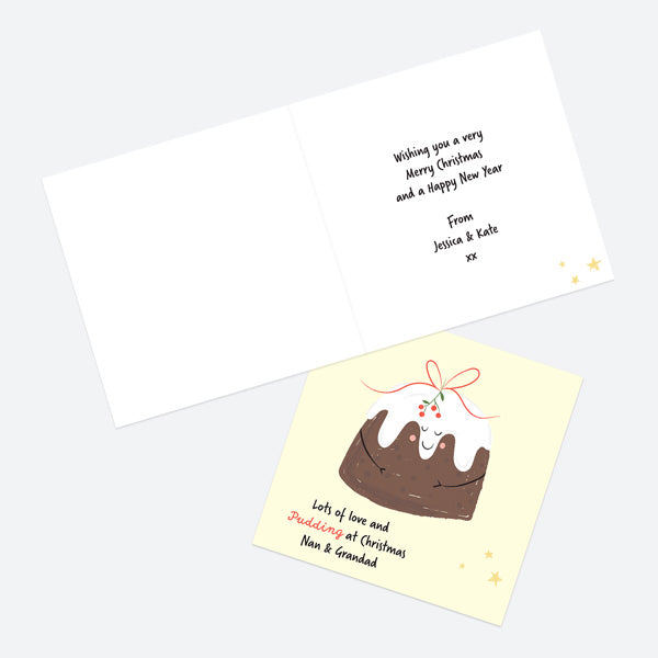 Personalised Single Christmas Card - Festive Food - Pudding - Nan & Grandad