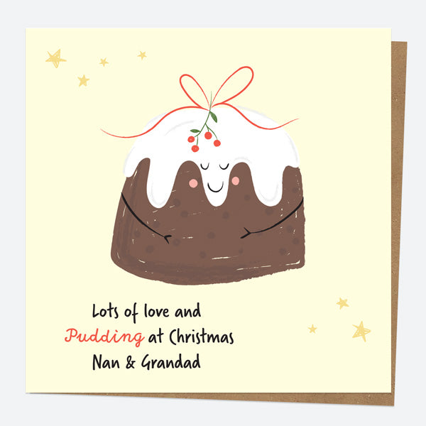 Personalised Single Christmas Card - Festive Food - Pudding - Nan & Grandad