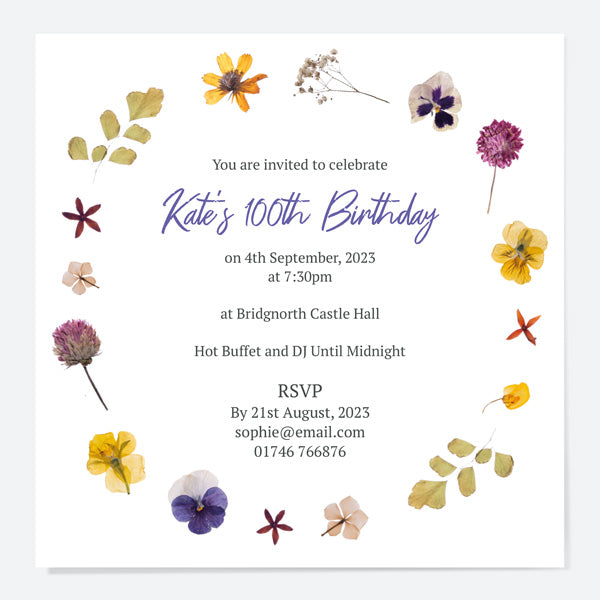 100th Birthday Invitations - Pressed Flowers - Pack of 10