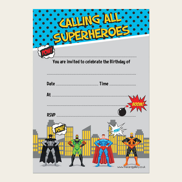 Pack of 10 Super heroes Theme Birthday Invites