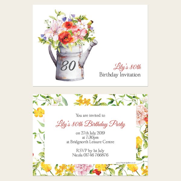 80th Birthday Invitations - Watering Can Flowers - Pack of 10