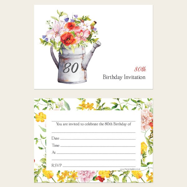 80th Birthday Invitations - Watering Can Flowers - Pack of 10