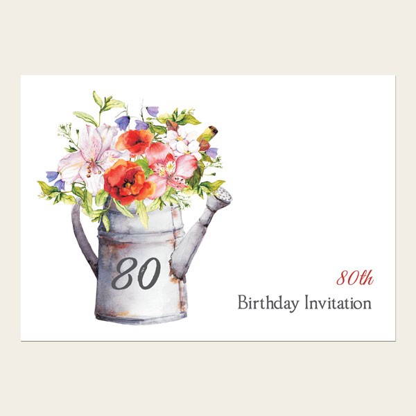 80th Birthday Invitations - Watering Can Flowers - Pack of 10