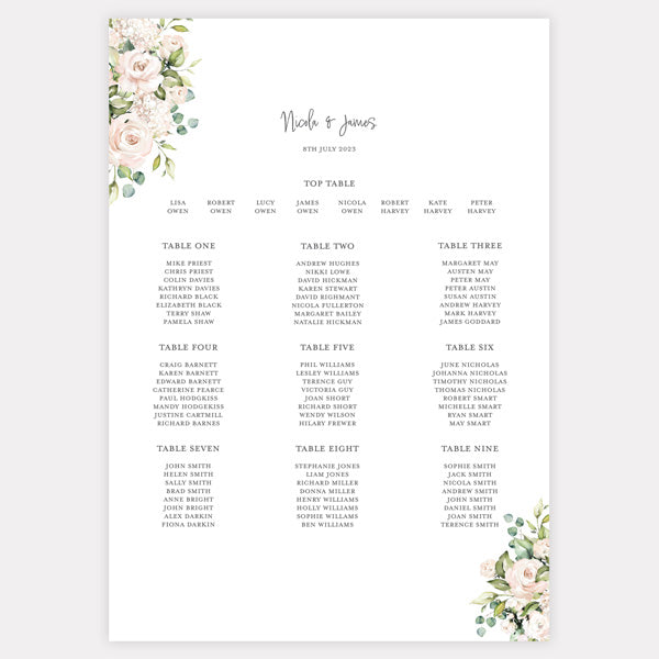 Cream Roses Table Plan