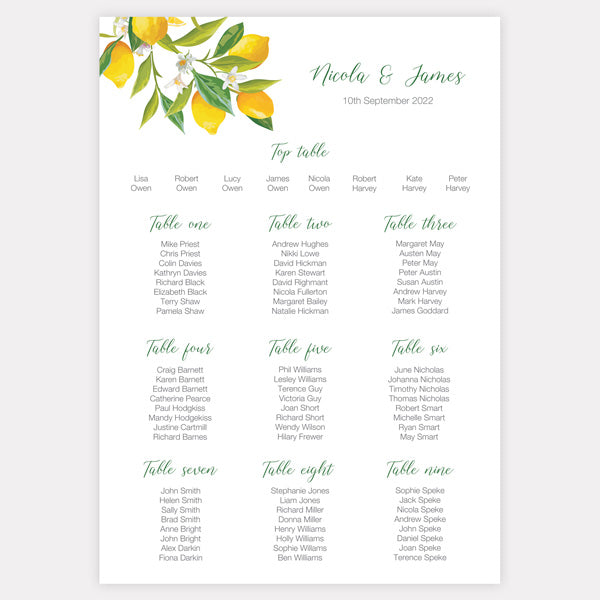 Lemon Citrus Table Plan