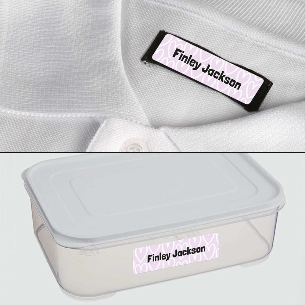 No Iron Personalised Stick On Waterproof (Clothing/Equipment) Name Labels - Doodle Hearts Lilac - Mixed Pack of 50