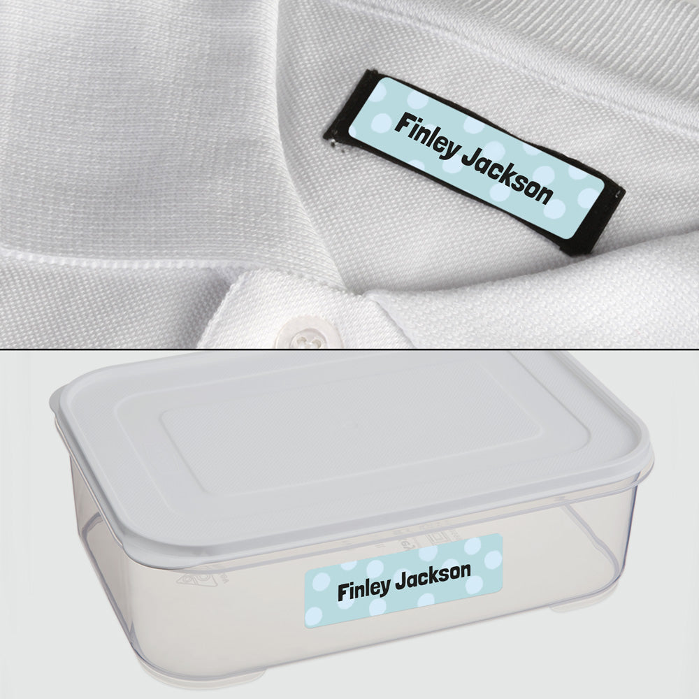 No Iron Personalised Stick On Waterproof (Clothing/Equipment) Name Labels - Doodle Spots Blue - Pack of 50