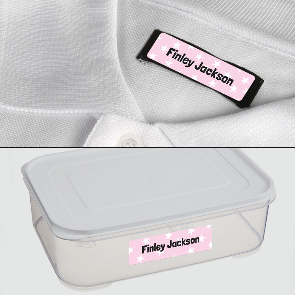 No Iron Personalised Stick On Waterproof (Clothing/Equipment) Name Labels - Doodle Stars Pink - Pack of 50