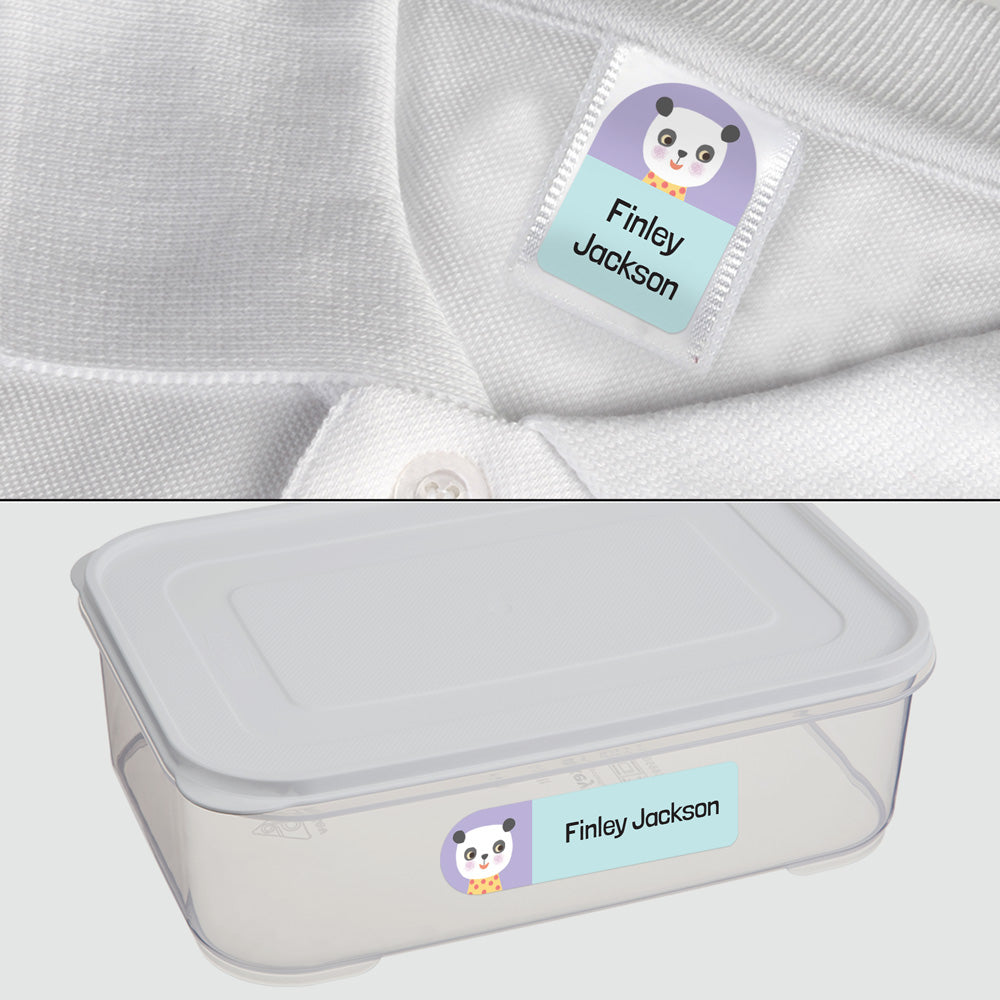 No Iron Personalised Stick On Waterproof (Clothing/Equipment) Name Labels - Panda Spots - Mixed Pack of 50