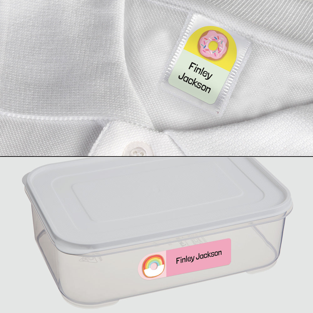 No Iron Personalised Stick On Waterproof (Clothing/Equipment) Name Labels - Yummy Doughnuts - Mixed Pack of 50