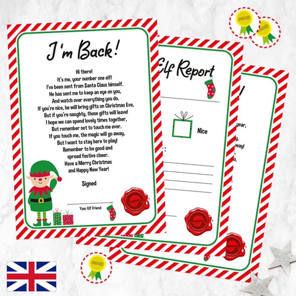 Christmas Elf Letters with Reports & Award Stickers - Red Stocking Elf. Perfect for Girls/Boys Kids, Celebrations, Naughty, Nice, Xmas, Children. Made in The UK